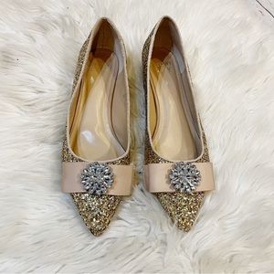 Crown & Ivy Gold Glitter Pointed Toe Bow Detail Dressy Flats Size 7.5M